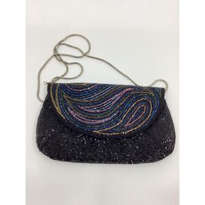 La Regale Vintage Black Beaded Clutch Iridescent Swirl Evening Bag Snake Chain